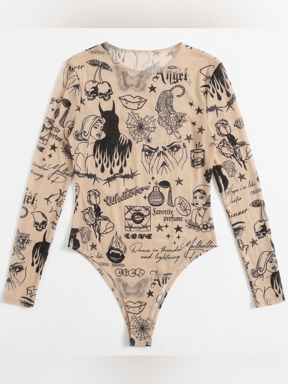 SHEIN Beige Long Sleeve Tattoo Print Bodysuit
